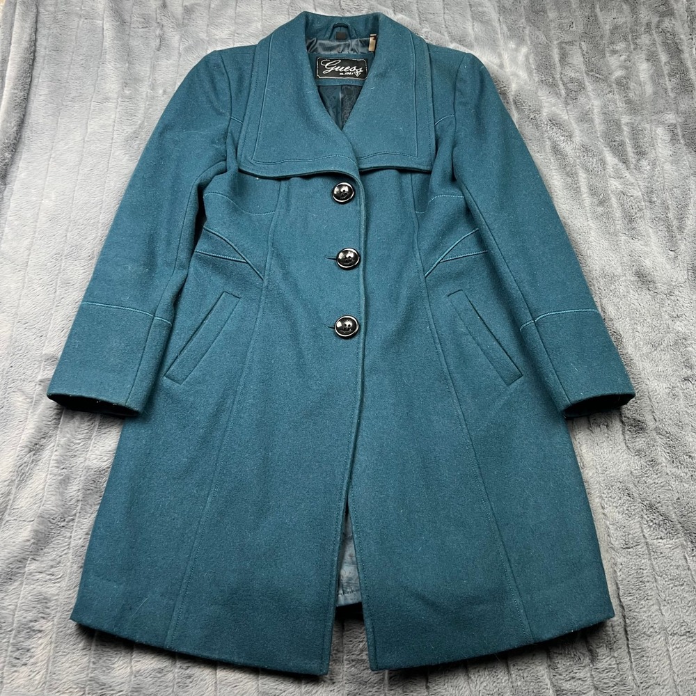 Guess Womens Teal Blue Wool Blend Flared Peacoat Jacket Size Small RN 54163